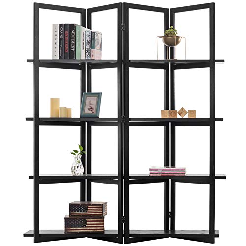 MyGift 4-Panel Open Bookcase Black Wood Room Divider with 4 Shelves