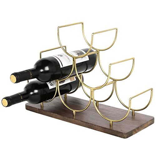 MyGift Brass-Tone Metal Wire Wine Rack with Natural Mango Wood Base, 6 Bottle Tabletop Wine Holder Stand - Handcrafted in India
