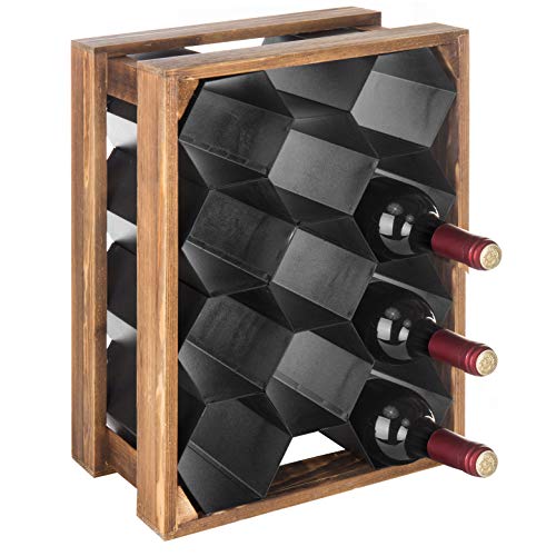 MyGift Countertop Wine Rack, Pine Wood & Black Metal 11-Bottle Wine Holder with Honeycomb Design