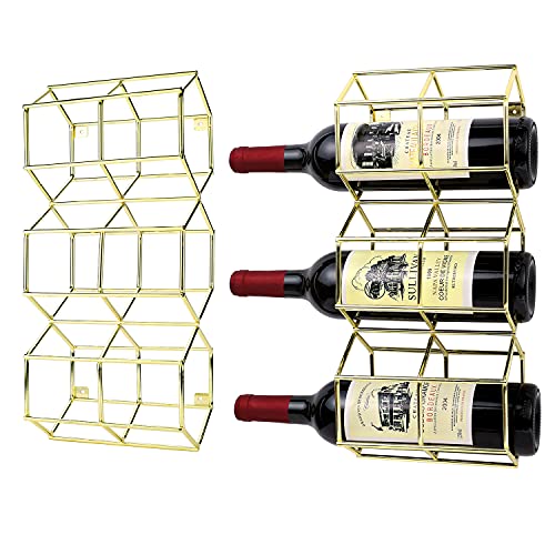 MyGift Brass Wall Wine Rack, 3-Bottle Holder, Set of 2