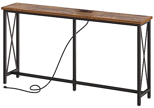 Narrow Console Table with Charging Station - Rustic Brown
