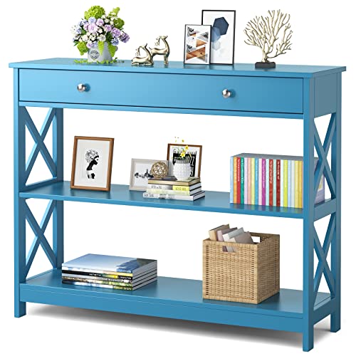 Narrow Long Console Table with Drawer and Storage Shelves