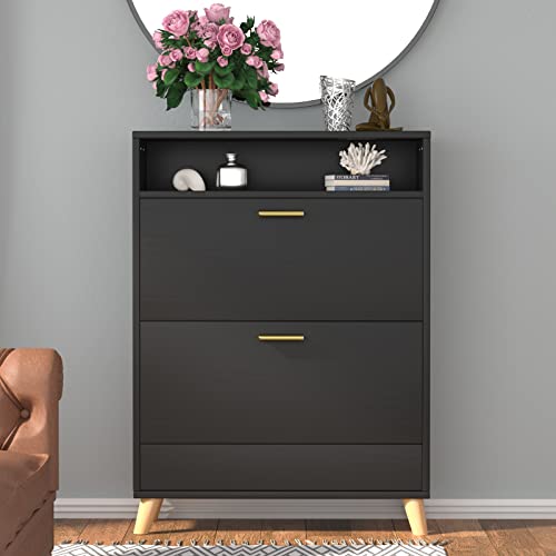Narrow Shoe Storage Cabinet with Flip Drawers and Doors