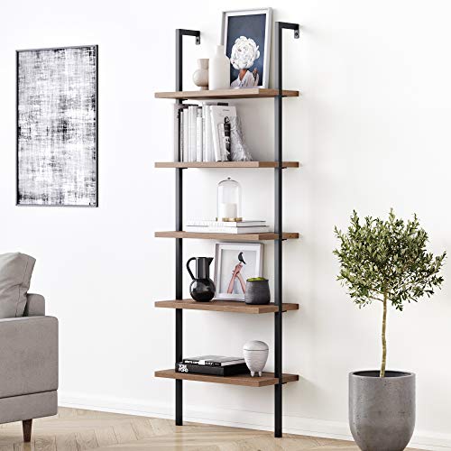 Oak Wood Modern 5-Shelf Wall Mount Bookcase with Black Metal Frame