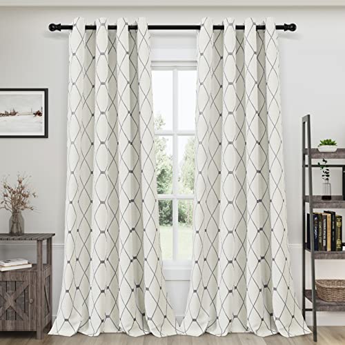 Natural Cream Living Room Curtains - Linen Textured, Geometric Embroidered