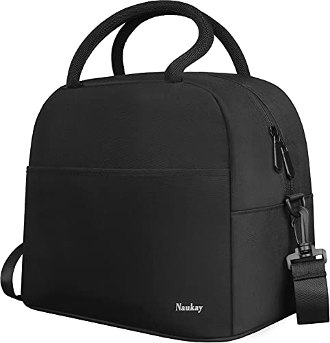 Naukay Insulated Lunch Bag with Adjustable Strap for Work Picnic Hiking-Black