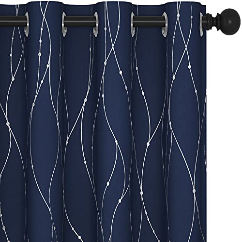 Navy Blackout Curtains - Floral Design, 2 Panels