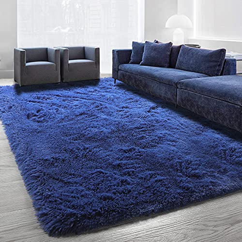 Navy Blue Fluffy Shag Rug for Bedroom, Living Room, Kids Room