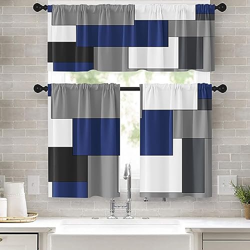 Navy Blue Geometric Kitchen Curtains