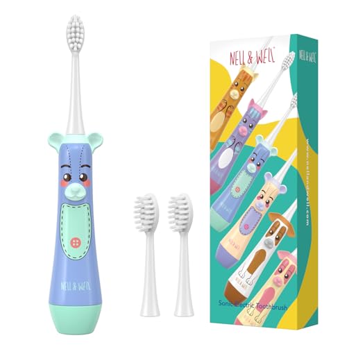 NELL&WELL Kids Electric Toothbrush with 3 Soft Bristles - Blue+Green