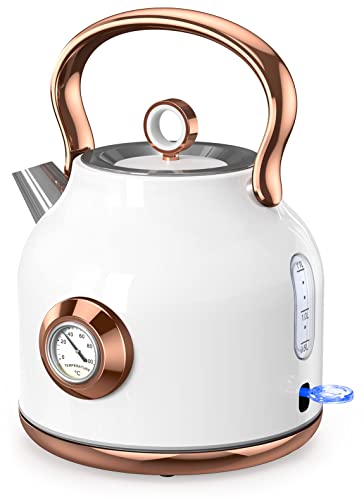 Hazel Quinn Retro Electric Kettle - 1.7 Liters / 57.5 Ounces Tea Kettle  with Thermometer, All Stainless Steel, Fast Boiling 1200 W, BPA-free