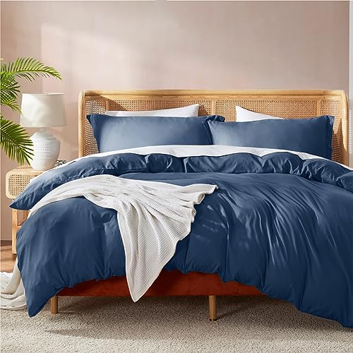 Nestl Navy Blue Duvet Cover Queen Size - Soft Double Brushed Queen Duvet Cover Set, 3 Piece, with Button Closure