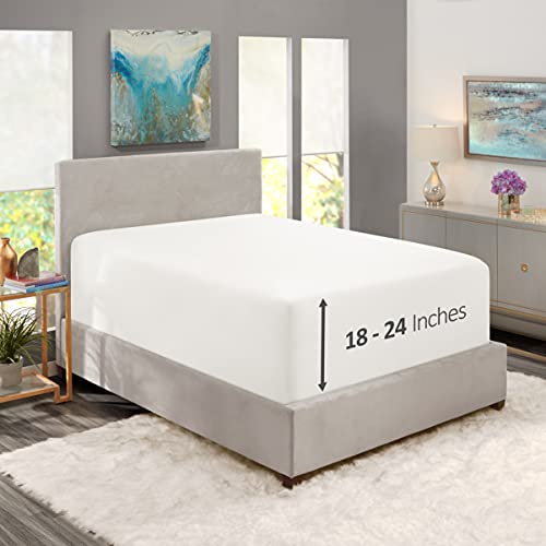 Empyrean Extra Deep Pocket - White, Soft, King Size, for 18 to 24 Inch  Mattresses, Luxury King Fitted Sheet with Corner Straps