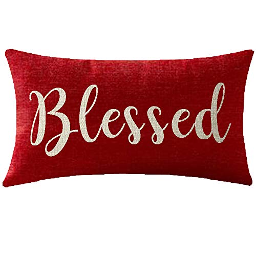 Christmas Blessings Red Cotton Linen Throw Pillow Cover - 12x20