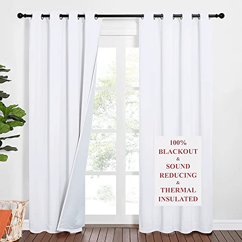 NICETOWN 100% Blackout Sound Barrier Curtains - White, 52" Wide (2 PCs, 84")