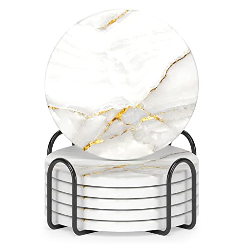 Marble Style Absorbent Ceramic Coasters Set with Holder, Gold White