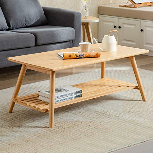 Bamboo Foldable Coffee Table with Open Storage for Living Room
