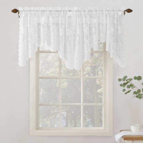 No. 918 Alison Floral Lace Sheer Rod Pocket Curtain Valance, 58" x 32", White