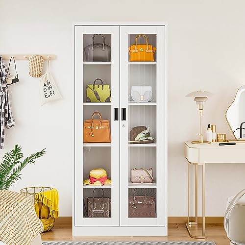 NODHM 71In Glass Door Curio Cabinet with Lock & Adjustable Shelves, White