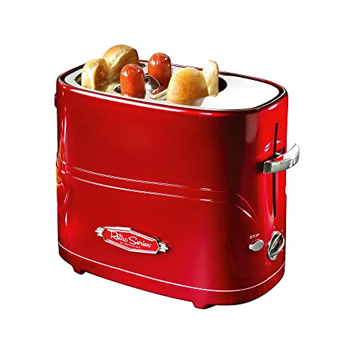 Nostalgia Hot Dog and Bun Toaster with Mini Tongs, Metallic Red