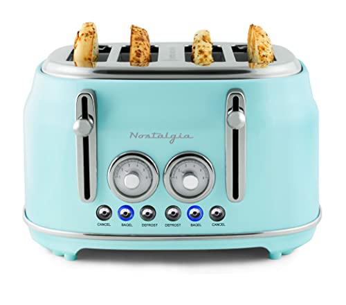 Nostalgia Classic 4-Slice Wide Slot Toaster, Vintage Design, 6 Settings, Aqua