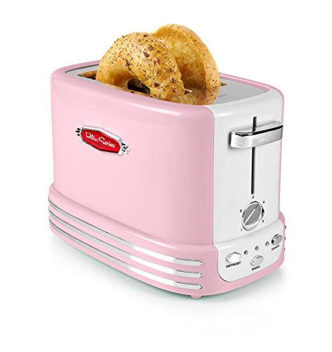 Nostalgia Retro Wide 2-Slice Toaster - Vintage Design, 5 Toasting Levels, Pink