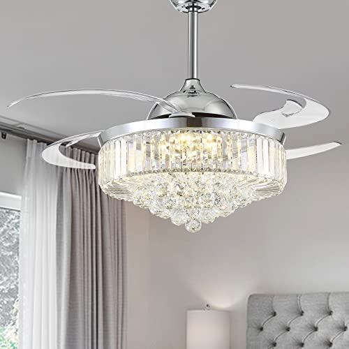 NOXARTE 48 Inch Crystal Chandelier Ceiling Fan with Light, Retractable Blades Fan with Remote Control, Dimmable Fandelier for Bedroom Dining Room