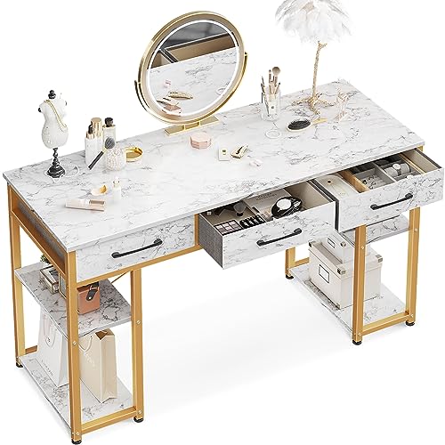 ODK Vanity Desk with Storage Shelves - White Marble and Gold Leg