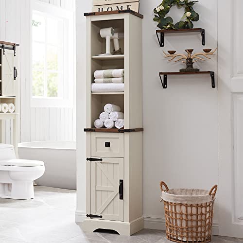 OKD Bathroom Storage Cabinet, Farmhouse Storage Cabinet with Adjustable Shelves & Storage Drawer, Tall Linen Tower for Bathroom, Living Room, Laundry Room, Rustic Oak with Antique White