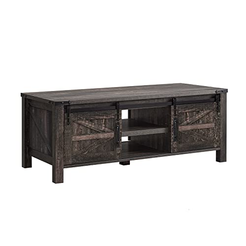 OKD Rustic Oak Coffee Table with Sliding Barn Doors and Storage Shelves