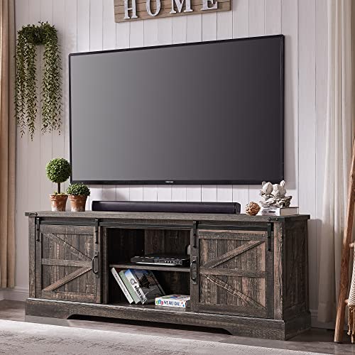 OKD Rustic Wood TV Stand for 75 Inch TV with Sliding Barn Door