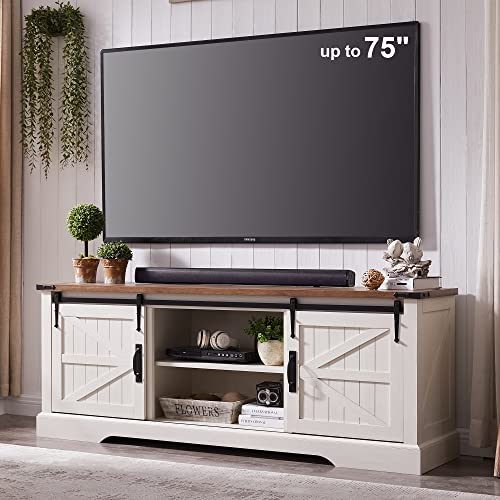 OKD 75" TV Stand with Sliding Barn Door, Rustic Wood Entertainment Center