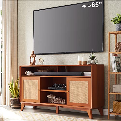 OKD 65+ Inch TV Stand with Natural Rattan Door, Mid Century Modern Console