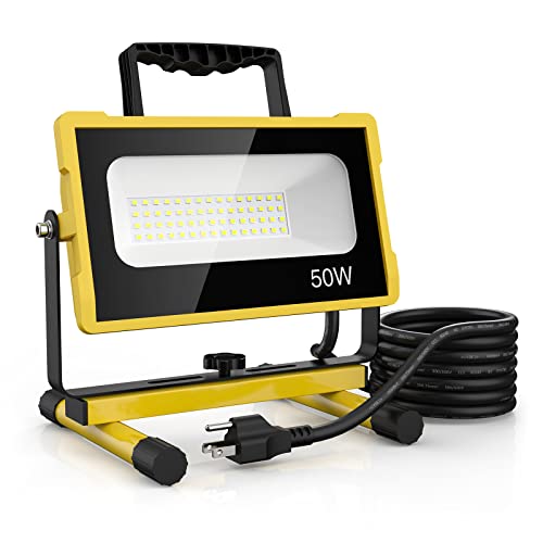 Olafus 50W Led Work Light, 5000LM 2 Brightness Modes Work Light, 500W Equivalent 6000K Adjustable Working Lights, IP65 Waterproof Job Site Light with Stand, for Construction Site Jetty Workshop Garage
