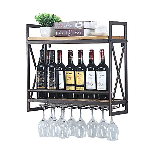 Rustic 2-Tier Wall Mounted Wine Rack with Glass Holder (Bronze)