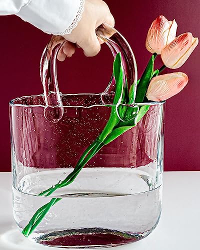 OLEEK Handmade Clear Glass Bag Vase for Flowers - 10 Inches