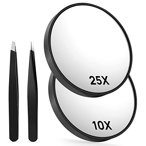 OMIRO Magnifying Mirror Set with Tweezers and Suction Cups for Travel (Black)