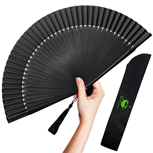 OMyTea Vintage Bamboo Silk Hand Fan - Solid Sexy Black