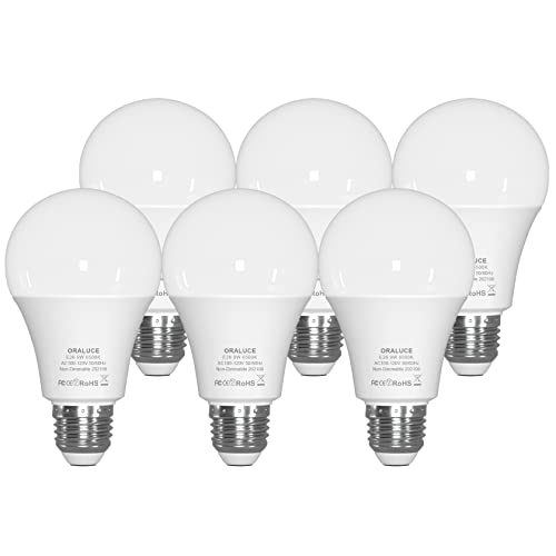 ORALUCE LED Light Bulb, A19 9W Lightbulbs, 60 Watt Equivalent, 120V 900LM, 6500K Cool White, E26 Medium Base, Non Dimmable, Energy Efficient, UL Listed, 6 Pack