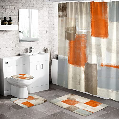 Orange Ombre Shower Curtain Sets with Rugs for Bathroom Decor