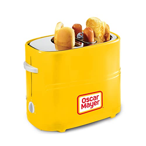 Oscar Mayer 2 Slot Hot Dog and Bun Toaster with Mini Tongs, Hot Dog Toaster Works with Chicken, Turkey, Veggie Links, Sausages and Brats, Yellow