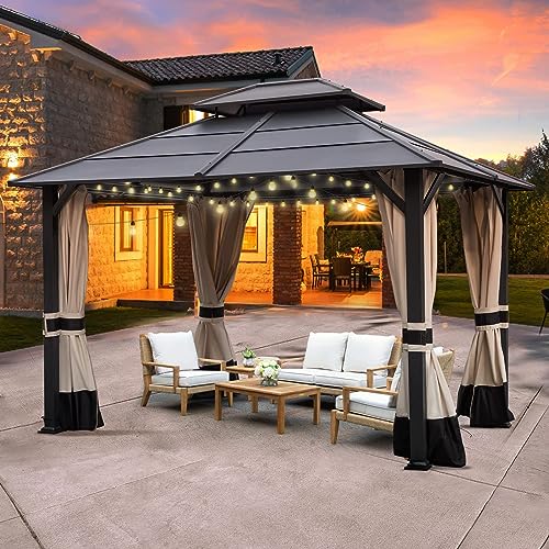 Outdoor Gazebo with Netting and Curtains - Hardtop 10x12