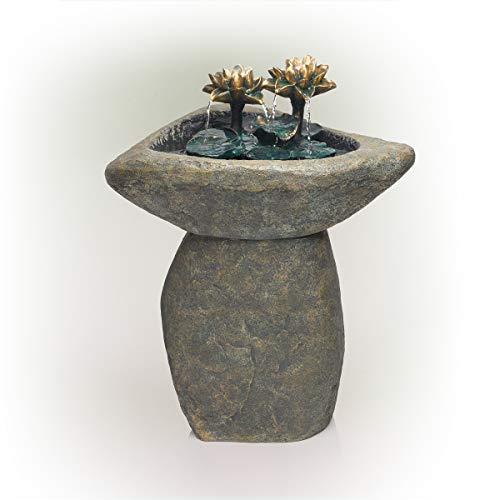 Outdoor Pedestal Lotus Rock Waterfall Fountain with LED Lights