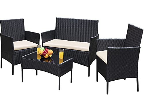 Outdoor Wicker Rattan Chairs Conversation Set with Cushions and Glass Table