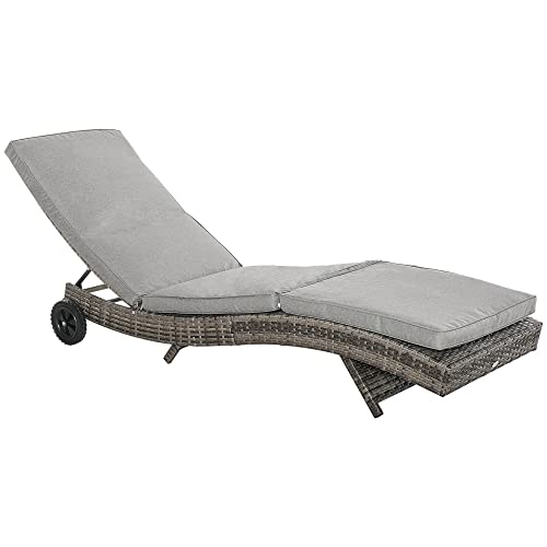 Outsunny Gray Rattan Chaise Lounge with Adjustable Backrest and Wheels