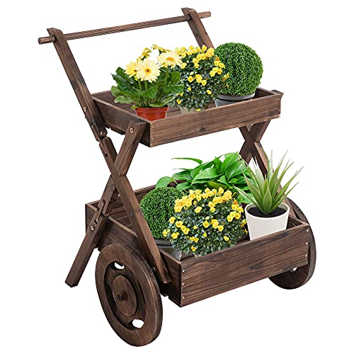 Outsunny Wooden Flower Cart Display Stand with Wheels