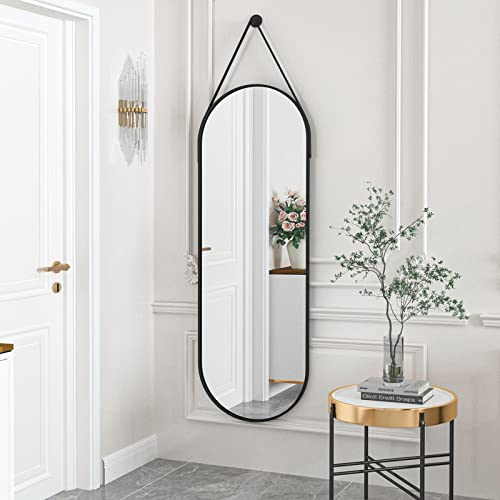 Oval Hanging Mirror with Leather Strap
