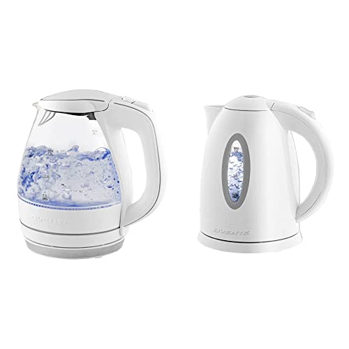 Ovente Electric Glass Hot Water Kettle 1.7 Liter Blue LED Light  Borosilicate Glass with ProntoFill Technology the Easy Fill Solution, Bonus  of