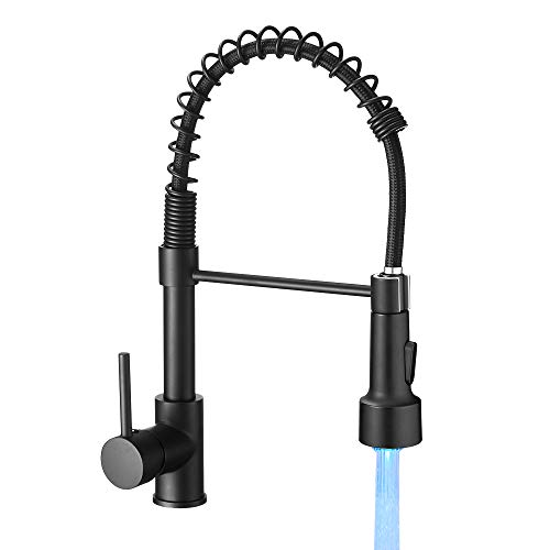 OWOFAN Kitchen Faucet with Sprayer Single Handle Pull Down Sprayer Spring Matte Black Kitchen Sink Faucet with LED Light 9005R