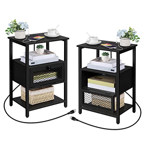 OYEAL Black End Table with Charging Station Set of 2 Nightstands